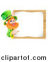 Vector Illustration of a St Patricks Day Leprechaun Pointing to a Notice on a Wooden Sign by AtStockIllustration