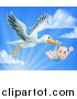 Vector Illustration of a Stork Bird Flying a Baby Boy in a Bundle Against a Blue Sky with Clouds and Sunshine by AtStockIllustration