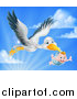 Vector Illustration of a Stork Bird Flying a Happy Baby Boy Holding His Arms out in a Blue Bundle Against Sky by AtStockIllustration