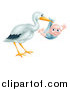 Vector Illustration of a Stork Bird Holding a Happy Baby Boy in a Blue Bundle by AtStockIllustration