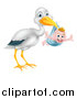 Vector Illustration of a Stork Bird Holding a Happy Baby Boy in a Blue Bundle by AtStockIllustration