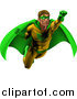 Vector Illustration of a Strong Male Super Hero Flying in a Green and Yellow Suit by AtStockIllustration