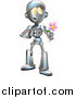 Vector Illustration of a Sweet Metallic Robot Character Giving a Pink Flower to His Love by AtStockIllustration