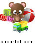 Vector Illustration of a Teddy Bear with Alphabet Blocks, a Ball and a Truck Toy by AtStockIllustration