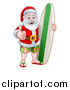 Vector Illustration of a Thumb up Summer Santa Claus with Shorts Sandals and a Surf Board by AtStockIllustration