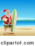 Vector Illustration of a Thumb up Summer Santa with a Surf Board on a Beach by AtStockIllustration