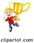 Vector Illustration of a Victorious Blond Man Holding a Gold Trophy Cup by AtStockIllustration