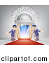 Vector Illustration of a Welcoming Door Men at an Entry with a Red Carpet Under Opportunity Text by AtStockIllustration