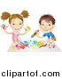 Vector Illustration of a White Boy and Girl Hand Painting and Painting Together by AtStockIllustration