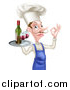 Vector Illustration of a White Male Chef with a Curling Mustache, Gesturing Okay and Holding a Tray with Red Wine by AtStockIllustration