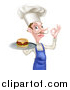 Vector Illustration of a White Male Chef with a Curling Mustache, Holding a Cheeseburger on a Platter and Gesturing Okay by AtStockIllustration
