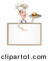 Vector Illustration of a White Male Chef with a Curling Mustache, Holding a Cheeseburger on a Platter and Pointing down over a Blank Menu Sign Board by AtStockIllustration