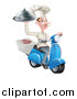 Vector Illustration of a White Male Chef with a Curling Mustache, Holding a Cloche and Delivering Pizzas on a Scooter by AtStockIllustration