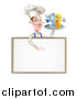 Vector Illustration of a White Male Chef with a Curling Mustache, Holding a Fish and Chips on a Tray and Pointing down over a Menu by AtStockIllustration