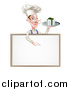 Vector Illustration of a White Male Chef with a Curling Mustache, Holding a Gift on a Platter and Pointing down at a Blank White Board Menu Sign by AtStockIllustration