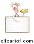 Vector Illustration of a White Male Chef with a Curling Mustache, Holding a Hot Dog and Fries on a Platter and Pointing down over a White Menu Board Sign by AtStockIllustration