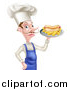 Vector Illustration of a White Male Chef with a Curling Mustache, Holding a Hot Dog and Fries on a Platter by AtStockIllustration