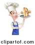 Vector Illustration of a White Male Chef with a Curling Mustache, Holding a Hot Dog Character on a Platter and Pointing by AtStockIllustration