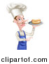 Vector Illustration of a White Male Chef with a Curling Mustache, Holding a Hot Dog on a Platter and Pointing by AtStockIllustration