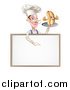 Vector Illustration of a White Male Chef with a Curling Mustache, Holding a Hot Dog on a Platter and Pointing down over a White Menu Board Sign by AtStockIllustration