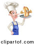 Vector Illustration of a White Male Chef with a Curling Mustache, Holding a Hot Dog on a Platter by AtStockIllustration