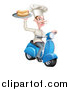 Vector Illustration of a White Male Chef with a Curling Mustache, Holding a Hot Dog on a Scooter by AtStockIllustration