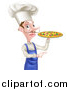 Vector Illustration of a White Male Chef with a Curling Mustache, Holding a Pizza and Pointing by AtStockIllustration