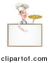 Vector Illustration of a White Male Chef with a Curling Mustache, Holding a Pizza and Pointing down over a Blank Menu Sign Board by AtStockIllustration