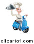 Vector Illustration of a White Male Chef with a Curling Mustache, Holding a Platter on a Delivery Scooter by AtStockIllustration