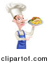 Vector Illustration of a White Male Chef with a Curling Mustache, Holding a Souvlaki Kebab Sandwich and French Fries on a Tray and Pointing by AtStockIllustration