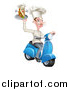 Vector Illustration of a White Male Chef with a Curling Mustache, Holding a Souvlaki Kebab Sandwich on a Scooter by AtStockIllustration