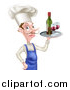 Vector Illustration of a White Male Chef with a Curling Mustache, Holding a Tray with Red Wine by AtStockIllustration