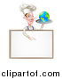 Vector Illustration of a White Male Chef with a Curling Mustache, Holding Earth on a Platter and Pointing down at a Blank Menu Sign by AtStockIllustration