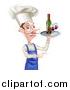 Vector Illustration of a White Male Chef with a Curling Mustache, Pointing and Holding a Tray with Red Wine by AtStockIllustration