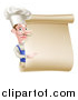 Vector Illustration of a White Male Chef with a Curling Mustache, Pointing Around a Blank Menu Scroll by AtStockIllustration