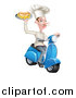 Vector Illustration of a White Male French Chef with a Curling Mustache, Holding a Hot Dog and Fries on a Tray and Driving a Scooter by AtStockIllustration