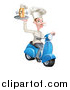 Vector Illustration of a White Male French Chef with a Curling Mustache, Holding a Hot Dog on a Scooter by AtStockIllustration