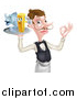 Vector Illustration of a White Male Waiter or Butler with a Curling Mustache, Holding Fish and a Chips on a Tray and Gesturing Ok by AtStockIllustration