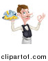 Vector Illustration of a White Male Waiter or Butler with a Curling Mustache, Holding Fish and a Chips on a Tray and Gesturing Ok by AtStockIllustration