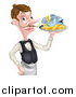 Vector Illustration of a White Male Waiter or Butler with a Curling Mustache, Holding Fish and a Chips on a Tray and Pointing by AtStockIllustration