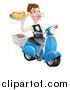 Vector Illustration of a White Male Waiter with a Curling Mustache, Holding a Hot Dog and Fries on a Platter, Riding a Scooter, with Pizza Boxes by AtStockIllustration