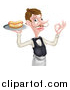 Vector Illustration of a White Male Waiter with a Curling Mustache, Holding a Hot Dog on a Platter and Gesturing Ok by AtStockIllustration