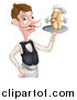 Vector Illustration of a White Male Waiter with a Curling Mustache, Holding a Hot Dog on a Platter by AtStockIllustration