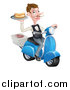 Vector Illustration of a White Male Waiter with a Curling Mustache, Holding a Hot Dog on a Scooter, with Pizza Boxes by AtStockIllustration