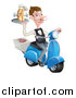 Vector Illustration of a White Male Waiter with a Curling Mustache, Holding a Hot Dog on a Scooter, with Pizza Boxes by AtStockIllustration