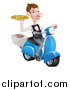 Vector Illustration of a White Male Waiter with a Curling Mustache, Holding a Pizza on a Scooter by AtStockIllustration