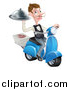 Vector Illustration of a White Male Waiter with a Curling Mustache, Holding a Platter on a Delivery Scooter, with Pizza Boxes by AtStockIllustration