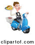 Vector Illustration of a White Male Waiter with a Curling Mustache, Holding a Souvlaki Kebab Sandwich and Fries on a Scooter by AtStockIllustration
