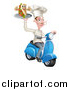 Vector Illustration of a White Male Waiter with a Curling Mustache, Holding a Souvlaki Kebab Sandwich Giving Thumbs up and Riding a Scooter by AtStockIllustration