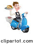 Vector Illustration of a White Male Waiter with a Curling Mustache, Holding a Souvlaki Kebab Sandwich on a Scooter by AtStockIllustration